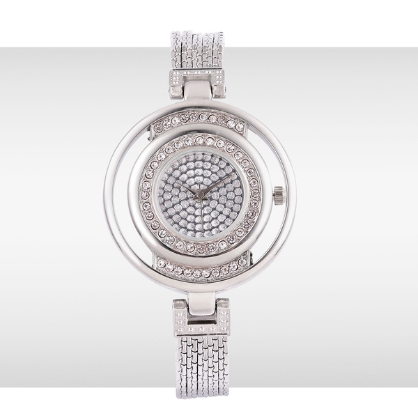 STRADA Japanese Movement Stardust Dial with White Austrian Crystal Water Resistant Watch in Silver Tone with Stainless Steel Back and Chain Strap