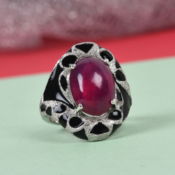 GP 9.35 Ct African Ruby and Blue Sapphire Enamelled Ring in Platinum Plated Sterling Silver