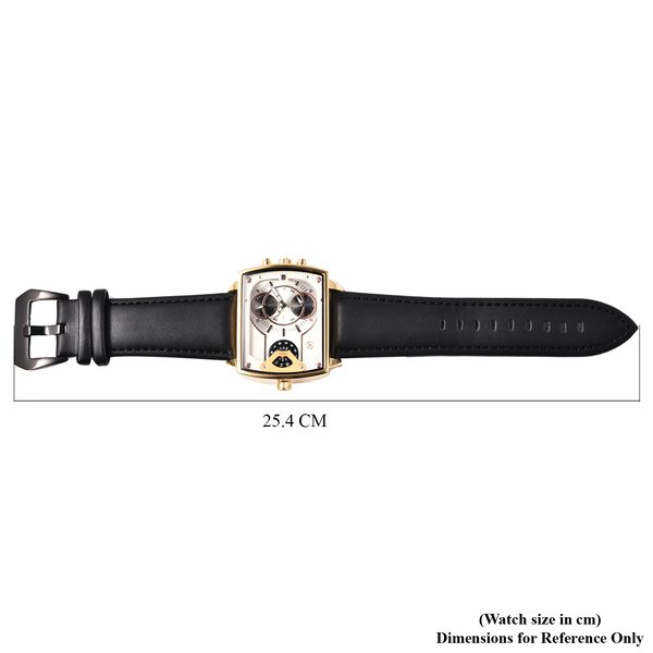 GENOA Two Movement Multi Function White and Gold Tone Dial Watch with Genuine Black Leather Strap