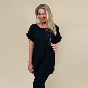 TAMSY High Low Scoop Neck Linen Top With Free Necklace, (Fits Size 8-16 ) - Black