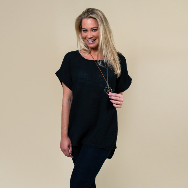 TAMSY High Low Scoop Neck Linen Top With Free Necklace, (Fits Size 8-16 ) - Black