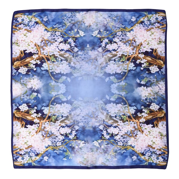 LA MAREY Pure 100% Mulberry Silk Scarf with Velvet Drawstring Pouch in Cherry Blossom Print  - Blue (Size 52x52cm)