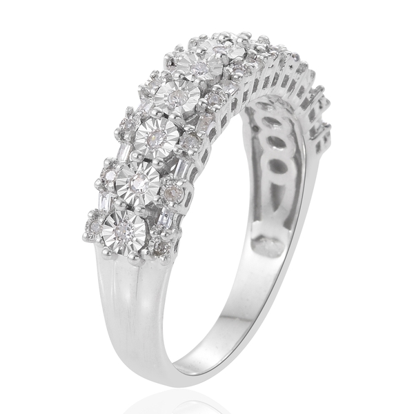 Designer Inspired Diamond (Rnd and Bgt) Ring in Platinum Overlay Sterling Silver 0.330 Ct.