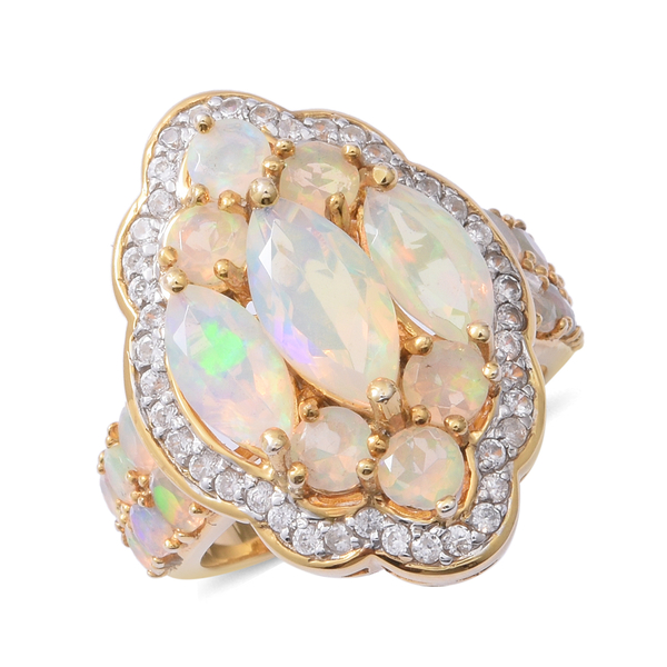 4.70 Ct Ethiopian Welo Opal and Zircon Cluster Ring in Rhodium and Gold Plated Silver 8.50 Grams