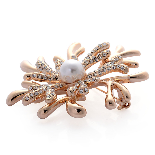 Simulated White Pearl and White Austrian Crystal Brooch in Gold Tone