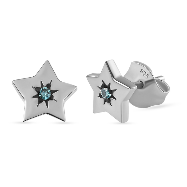 Blue Diamond Star Stud Earrings (With Push Back)  in Platinum Overlay Sterling Silver