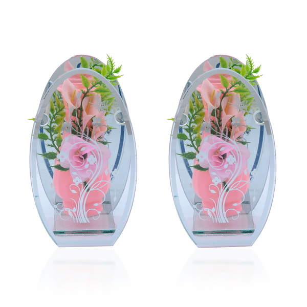 Home Decor - Set of 2 - Pink Colour Flower Vase with Artificial Flowers in Floral and Butterfly Prin