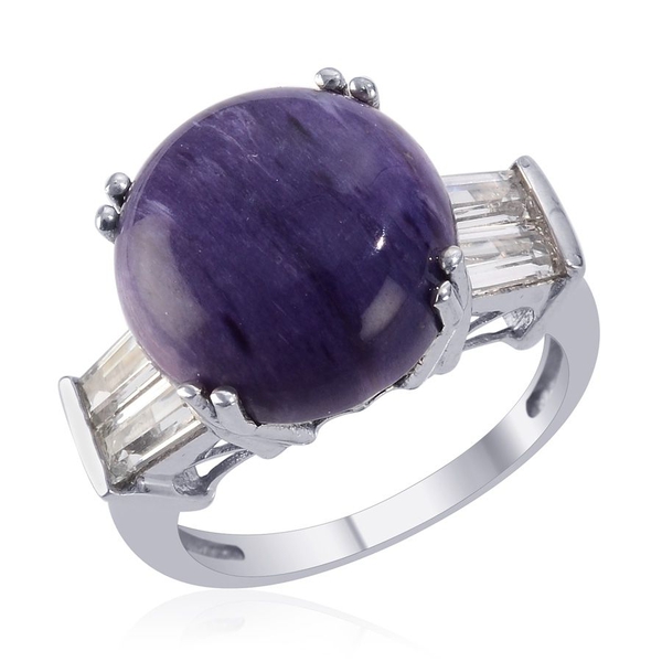 Charoite (Rnd 8.50 Ct), White Topaz Ring in Platinum Overlay Sterling Silver 10.000 Ct. Silver wt. 4