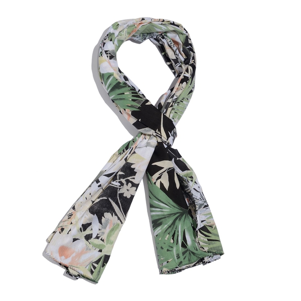 100% Natural Bamboo Fabric Black and Multi Colour Floral and Leaves Pattern White Colour Scarf (Size