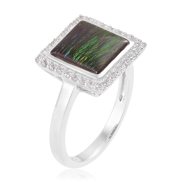 AA Canadian Ammolite (Sqr 3.25 Ct), Natural White Cambodian Zircon Ring in Platinum Overlay Sterling Silver 3.750 Ct.