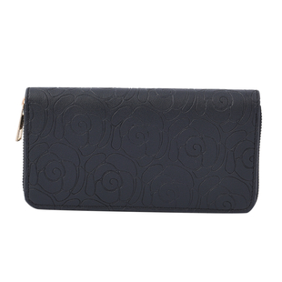 Rose Embossed Pattern Long Size Wallet with Zipper Closure  Black
