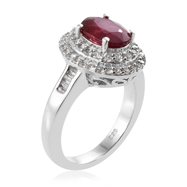 Designer Inspired- African Ruby (Ovl 9x7mm ), Natural White Cambodian Zircon Double Halo Ring in Platinum Overlay Sterling Silver 3.500 Ct.
