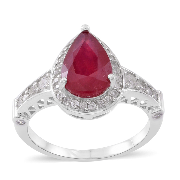 4.75 Ct African Ruby and Zircon Halo Ring in Rhodium Plated Sterling Silver