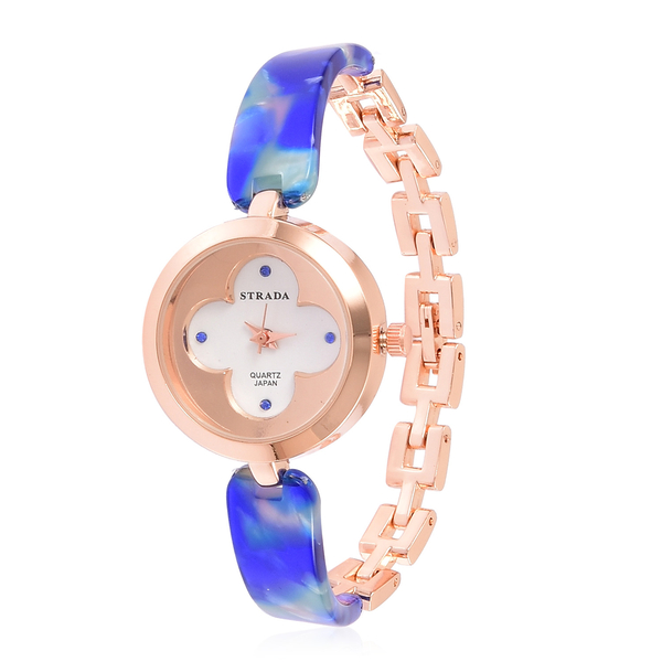 Designer Inspired-STRADA Japanese Movement Blue Austrian Crystal Studded White Dial Watch in Rose Go