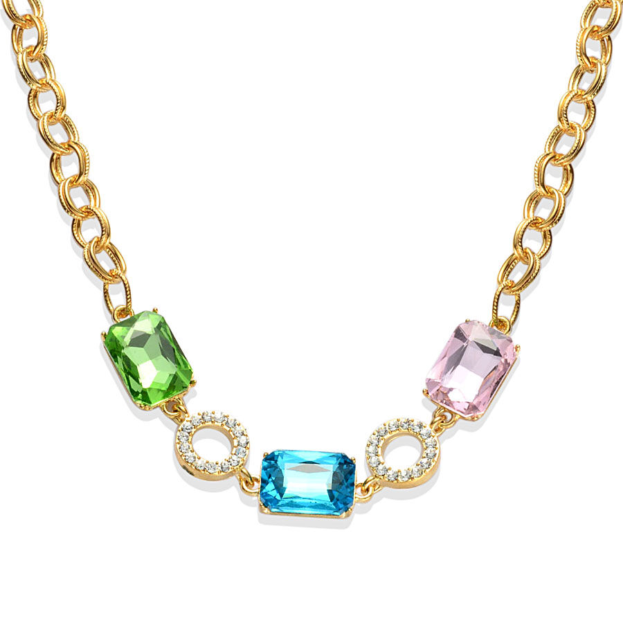 Simulated Blue Sapphire, Pink Sapphire, Simulated Emerald & White Austrian Crystal Necklace (Size 20