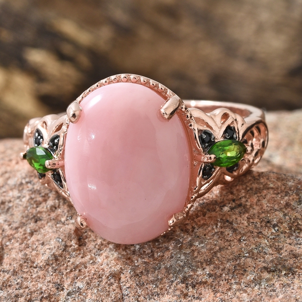 GP Peruvian Pink Opal (Ovl 6.50 Ct), Chrome Diopside, Boi Ploi Black Spinel and Kanchanaburi Blue Sapphire Ring in Rose Gold Overlay Sterling Silver 7.000 Ct.