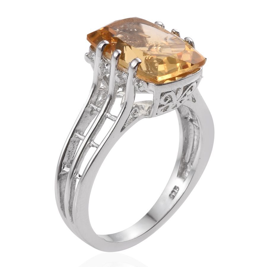 Citrine (Cush 6.20 Ct), White Topaz Ring in Platinum Overlay Sterling Silver 6.250 Ct.