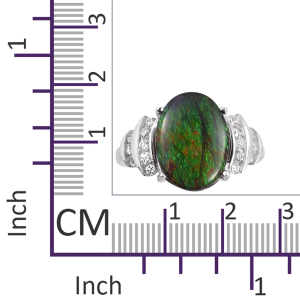 AA Canadian Ammolite (Ovl 16x12 mm), Natural White Cambodian Zircon Ring in Rhodium Overlay Sterling Silver.