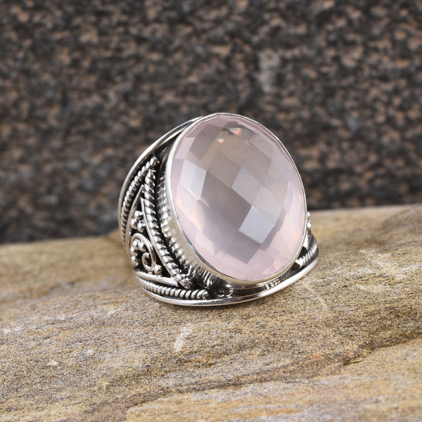 Checkerboard Cut Rose Quartz (Ovl) Ring in Sterling Silver 18.120 Ct.