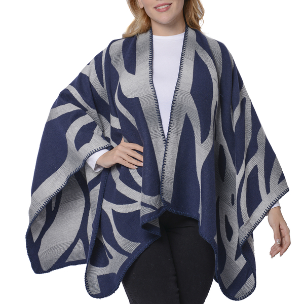One Time Deal-Navy and Grey Colour Raised Grain Pattern Blanket Kimono (Size 133x70 Cm)