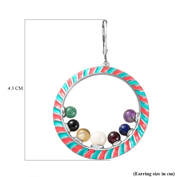 Multi Gemstones Circle Enamelled Earrings ( With Lever Back) in Silver Tone 8.35 Ct.