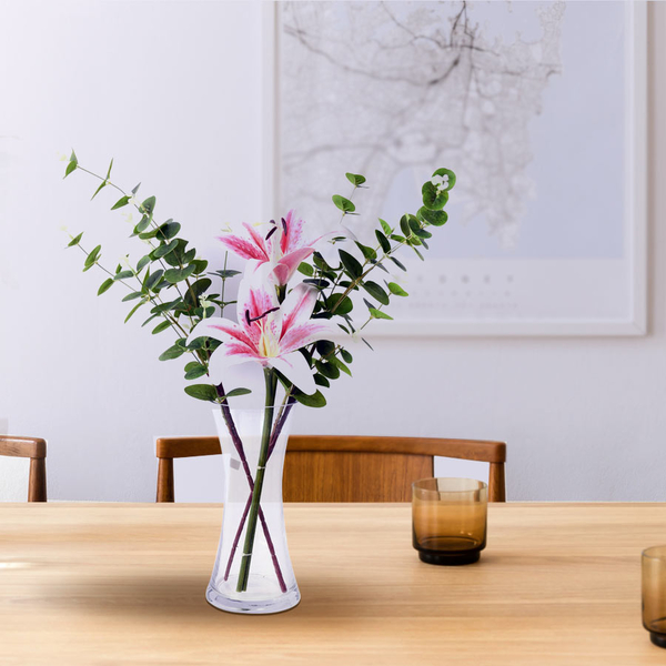 Close Out Deal - Decorative Two Heads Artificial Lily with Vase and Perfume Spayer (Size Vase: 24X12X10, Bouquet 55 cm) - Pink
