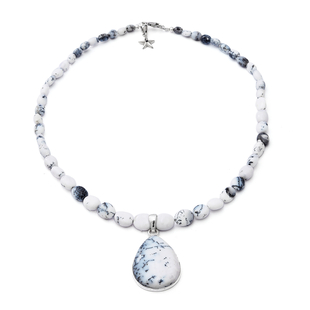 GP 150.03 Ct Dendritic Opal Teardrop and Beaded Necklace with Star Charm in Platinum Plated Silver