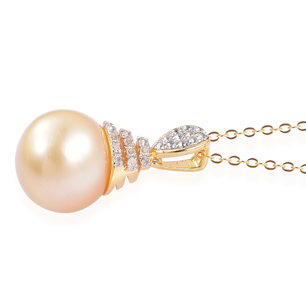 South Sea Golden Pearl (Rnd 11.5-12 mm), White Topaz Pendant With Chain in Yellow Gold Overlay Sterling Silver