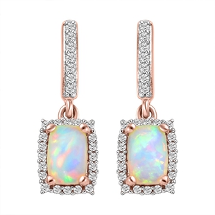Ethiopian Welo Opal and Natural Cambodian Zircon Dangling Earrings  (With Push Back) in Vermeil Rose