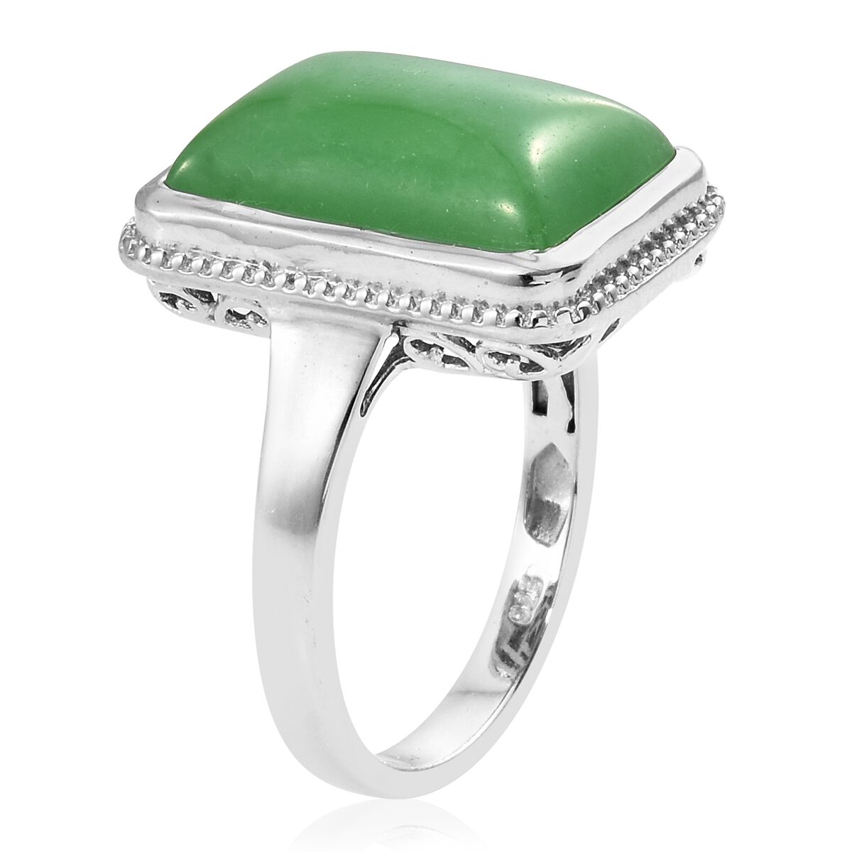 Rare Shape Green Jade (Bgt) Ring in Platinum Overlay Sterling Silver 16.500 Ct. Silver wt. 5.73 Gms.