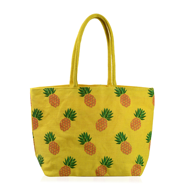 100% Cotton Off White, Yellow and Multi Colour Circle Pattern Apparel (Free Size), Cap (Size 36x34 Cm) and Pineapple Pattern Jute Handbag (Size 48x40x34x15 Cm)
