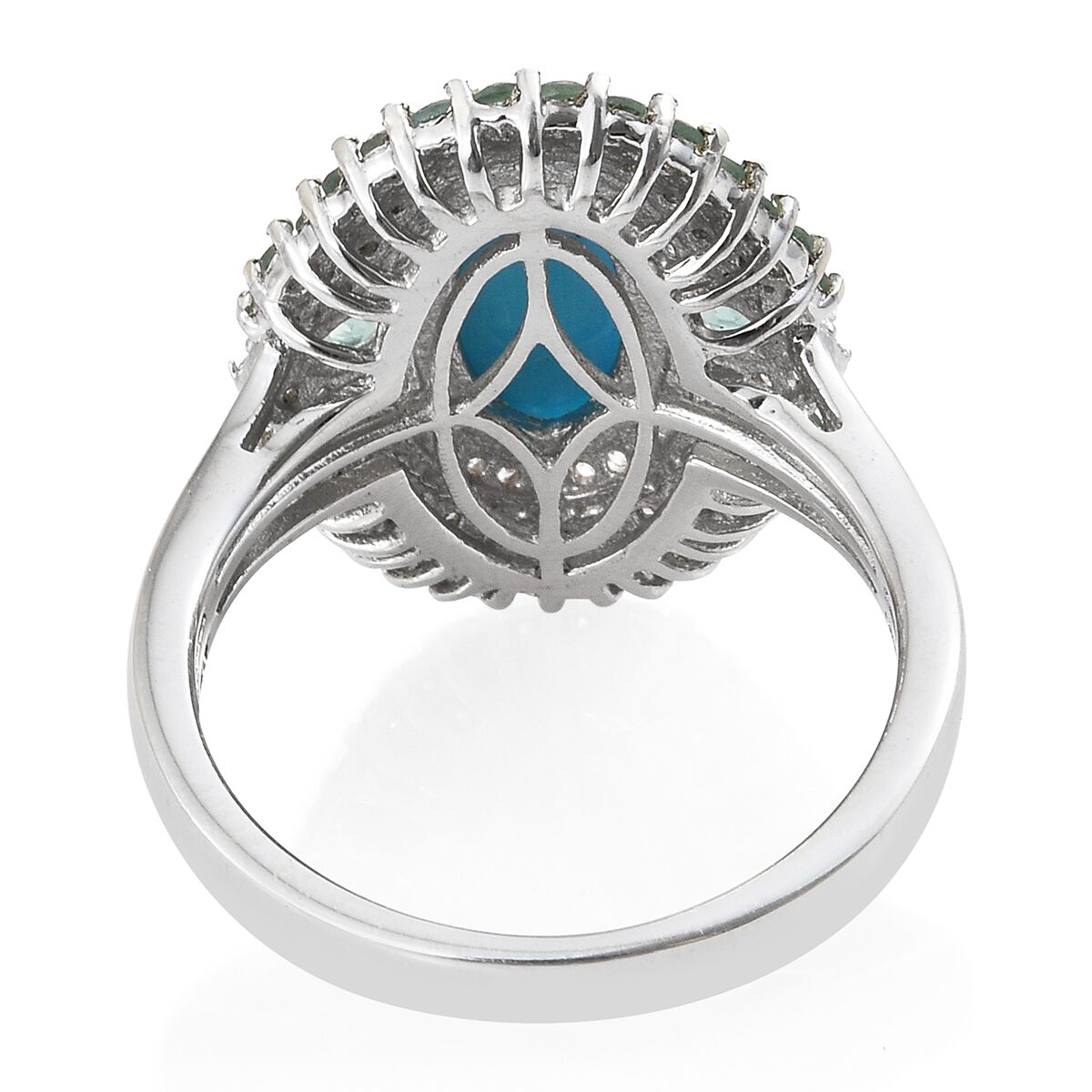 Arizona Sleeping Beauty Turquoise (Ovl 1.90 Ct), Ocean Blue Apatite and Natural Cambodian Zircon Cluster Ring in Platinum Overlay Sterling Silver 3.500 Ct. Silver wt 6.06 Gms.