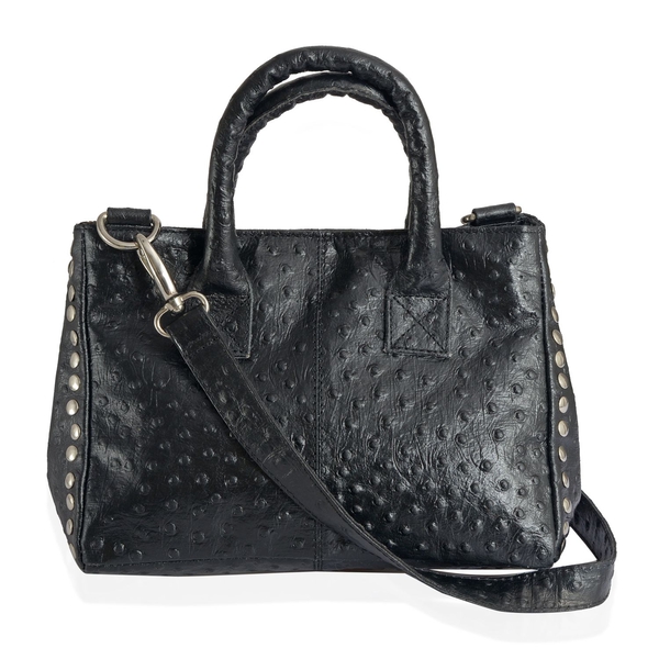 Genuine Leather Ostrich Pattern Black Colour Handbag with Removable Shoulder Strap (Size 26x20 Cm)