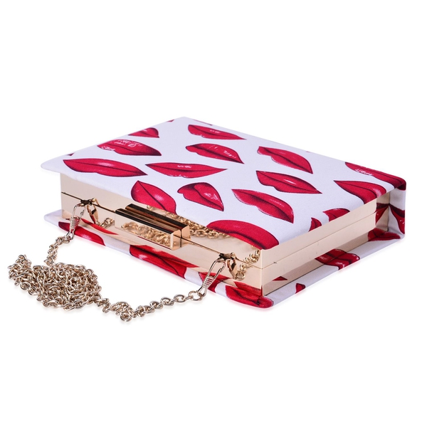 Designer Inspired Red Colour Lips Pattern White Colour Clutch Bag with Removable Chain Strap (Size 20x14x4 Cm)