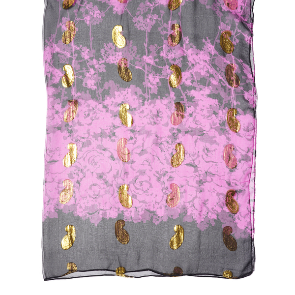 Close Out Deal- LA MAREY 100% Mulberry Silk Black nd Purple Scarf with Golden Embroidery(180x110cm)