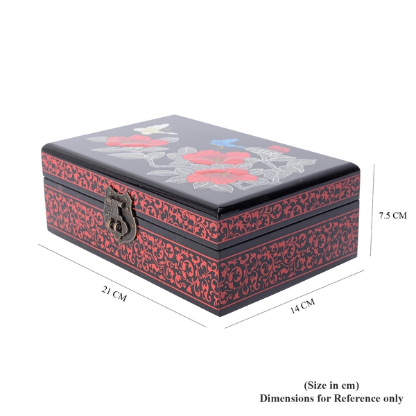 2 - Layer Chinese Lacquer Camellia Pattern Jewellery Box with Inside Mirror and Removable Tray (Size 21x14x7.5 Cm) - Black