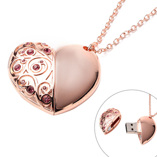Pink Austrian Crystal Pendant with Chain (Size 24) with USB Storage Device 16GB in Rose Gold Tone