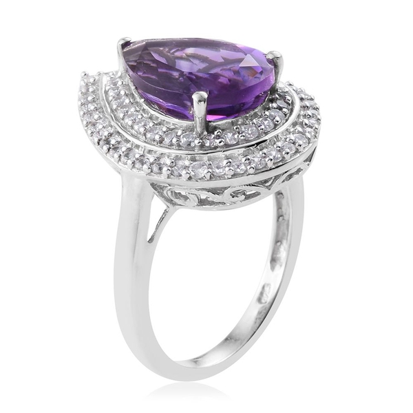Limited Edition-Moroccan Amethyst (Pear 4.95 Ct), Natural Cambodian Zircon Ring in Platinum Overlay Sterling Silver 5.750 Ct.