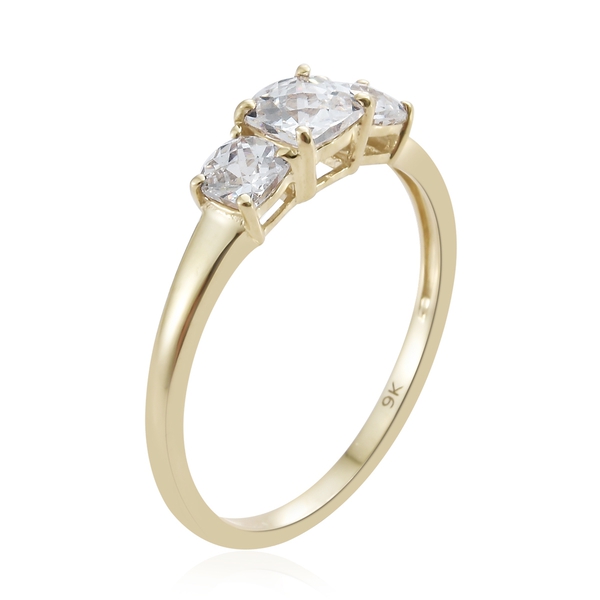 J Francis - 9K Yellow Gold (Cush) 3 Stone Ring Made with Finest CZ
