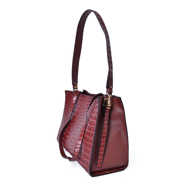 Designer Inspired-Chocolate Colour Croc Embossed Tote Bag with Removable Shoulder Strap (Size 35.5X24.5X14 Cm)