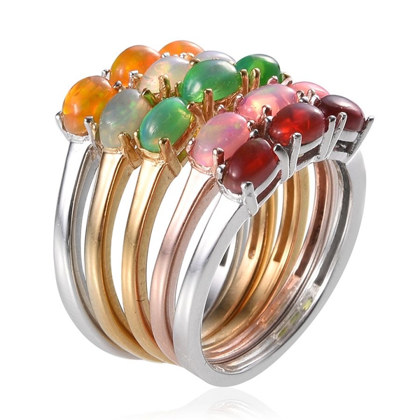 Set of 5 - Ethiopian Welo Opal (Ovl), Green, Orange, Pink and Red Ethiopian Opal Trilogy Ring in 14K Gold, Rose Gold and Platinum Overlay Sterling Silver 2.250 Ct.
