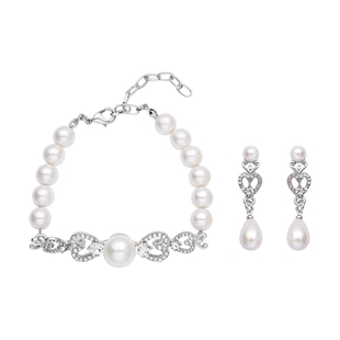 2 Piece Set - White Shell Pearl and White Austrian Crystal Earrings and Bracelet