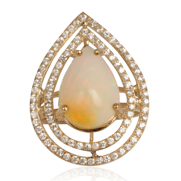 9K Y Gold Ethiopian Welo Opal (Pear 3.25 Ct), Natural Cambodian Zircon Ring 4.000 Ct.