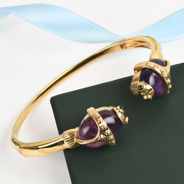 Sunday Child Amethyst and Black Spinel Fish Bangle (Size - 7.5) in 14K Gold Overlay Sterling Silver 23.28 Ct, Silver Wt. 27.21 Gms