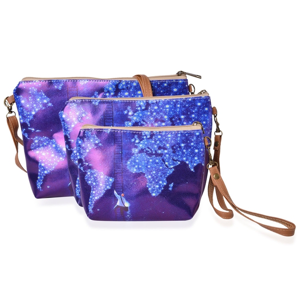 Set of 3 - Purple and Blue Colour Map and Human Pattern Cosmetic Bag (Size Large 28X27X7 Cm, Medium 