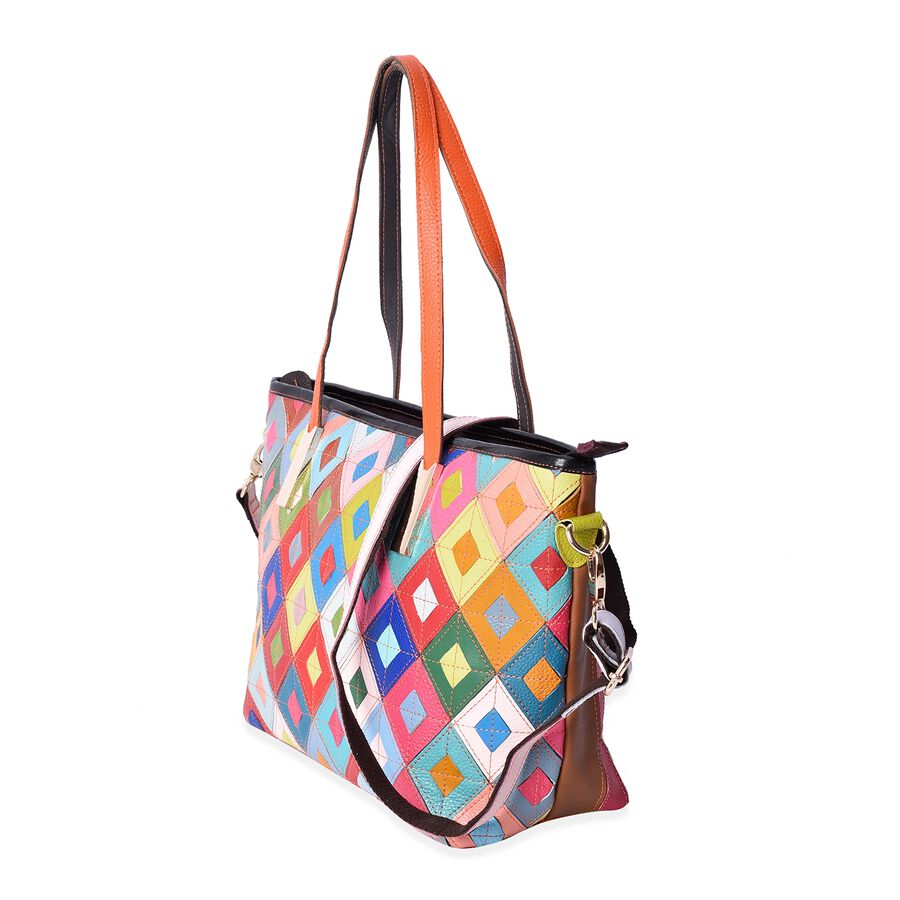 Block Pattern Leather Tote Bag Multicolour Tote Bag with Shoulder Strap | eBay