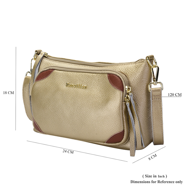 SENCILLEZ 100% Genuine Leather Crossbody Bag with Detachable Strap and Zipper Closure (Size 24x8x18cm) - Gold