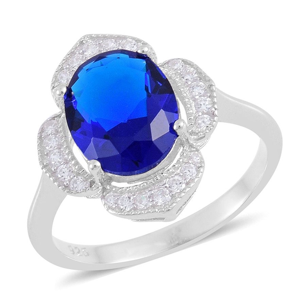 Simulated Blue Sapphire (Ovl), Simulated White Diamond Ring in Rhodium Plated Sterling Silver