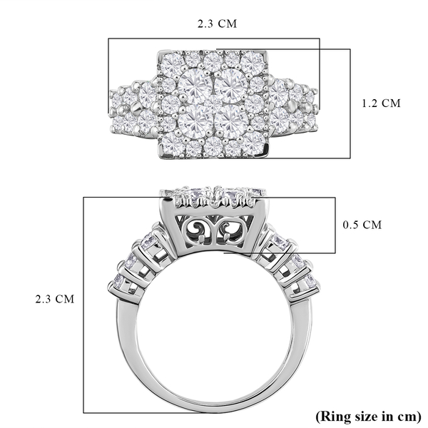 Moissanite Cluster Ring in Platinum Overlay Sterling Silver 2.03 Ct, Silver Wt. 5.35 Gms