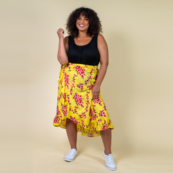 TAMSY 100% Rayon Floral Printed Wrap Skirt One Size, (Fits 8-16) - Yellow & Red